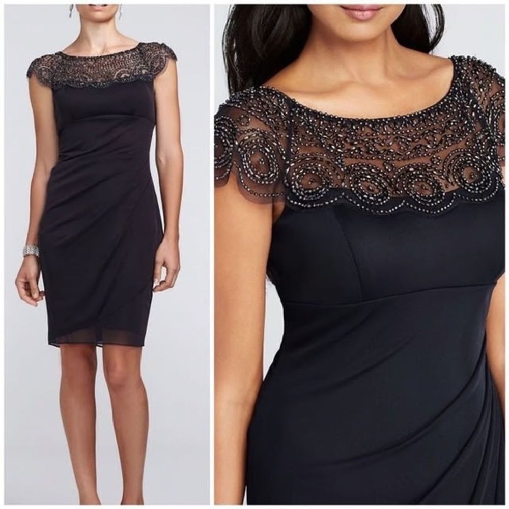 Xscape Black‎ Ruched Beaded Bodice Dress Sz 10